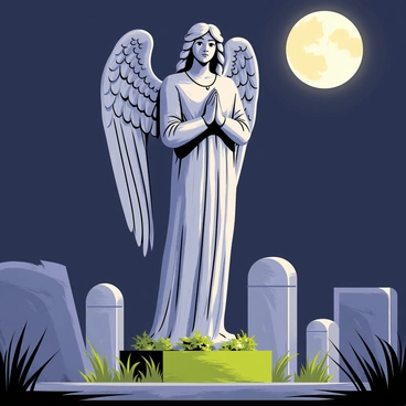 An ancient angel statue standing in a cemetery, with intricately carved wings and a serene expression. The statue is made of weathered stone, showing signs of age and moss along its base. The moonlight casts long, dramatic shadows on the ground, accentuating the details of the angel's features. Surrounding the statue are crumbling tombstones and overgrown grass, adding to the atmosphere of the setting. The night sky is clear, with a large, glowing moon shining down on the scene.