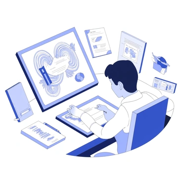 An artist is sitting at a desk, focused on their digital tablet. The screen displays a vibrant digital artwork in the shape of a diploma. The artwork features intricate, swirling patterns and bold lines that convey a sense of movement and emotion. Surrounding the artist are various art supplies, such as pens and sketchbooks. The room is filled with sketches and reference materials pinned to the walls, showcasing the artist's creative process. The artist's hand is poised above the tablet, with a stylus in motion, illustrating their dedication to the craft.