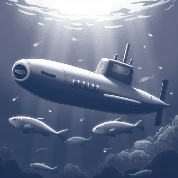 A submarine designed for deep-sea exploration is navigating through dark waters at great depths. The hull of the submarine is streamlined and features large viewing windows. Schools of fish of various shapes and sizes are swimming past the submarine. Some of the fish have elongated bodies while others are more rounded. The underwater environment includes visible rock formations and faintly glowing marine life in the background, creating a dynamic scene filled with aquatic activity.