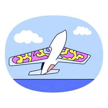 An airplane with brain designs on its wings, taking off into a clear sky