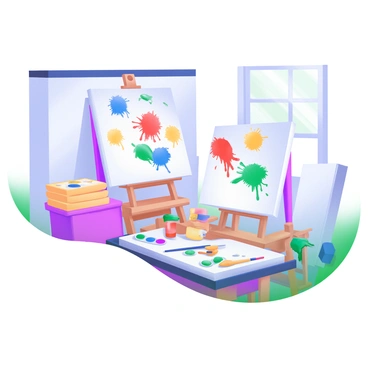 A modern pastel illustration of an artist's studio. In the center, there is a "secretaire" covered in colorful paint splatters, showcasing vibrant hues of blue, red, and yellow. Stacks of blank canvases are placed nearby, some leaning against the wall, while others are propped on the floor. Brushes, tubes of paint, and palettes are scattered across a "worktable" beside the secretaire. Natural light filters through a window, casting soft shadows across the wooden floor and illuminating the creative space.