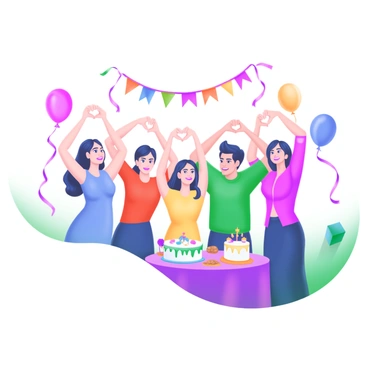 A group of five friends standing closely together in a lively atmosphere, each forming "a heart shape" with their hands above their heads. They are smiling and wearing colorful party outfits, which include a blue dress, a yellow shirt, a red top, a green sweater, and a pink blouse. Balloons and streamers are visible in the background, adding to the festive vibe of the celebration. The setting includes a table decorated with a cake and snacks.