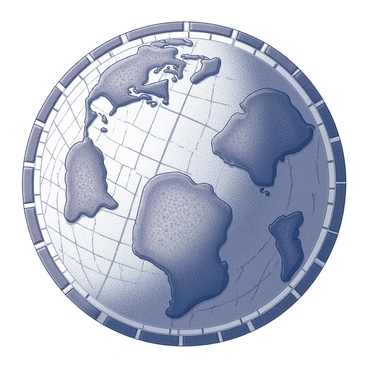A mosaic art piece depicting "a globus." The globe is formed using various ceramic tiles arranged in intricate patterns. Each tile has a unique texture and shape, contributing to the overall design of the globe. The continents are represented by specific tile patterns, while the oceans are filled with a different mosaic style. The entire artwork is framed with a series of decorative tiles, enhancing the visual impact of the piece. The background is subtly textured, allowing the vibrant tiles to stand out prominently.