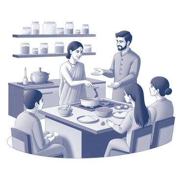 A Maharashtrian couple stands in a kitchen, engaging with a group of students. The man, wearing a traditional kurta, gestures towards a wooden table filled with ingredients like rice, lentils, and spices. The woman, dressed in a saree, holds a pot on the stove, demonstrating the preparation of a classic dish. Various utensils and cooking tools are visible on the countertop, including a mortar and pestle, serving spoons, and bowls. The students, seated at the table, watch attentively, some taking notes, while others observe the cooking technique closely. The kitchen is warmly lit, with shelves displaying jars of spices and traditional cookware.