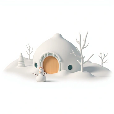 A charming hobbit hole with a round, wooden door and small, circular windows. The exterior is covered in white snow, creating a picturesque winter scene. Icicles hang from the thatched roof, glistening in the sunlight. In the yard, there is a snowman with a carrot nose and twig arms, surrounded by a dusting of snow. The landscape includes gentle hills and leafless trees, completing the winter wonderland atmosphere.