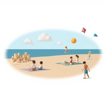 A sandy beach with clear blue water in the background, where several people are enjoying the sun. To the left, a group of children are building a sandcastle, focused on shaping the towers and walls, with small buckets and shovels scattered around them. In the center, a family is lounging on colorful beach towels, wearing sun hats and sunglasses, while a cooler sits beside them. To the right, a child is running with a bright red kite soaring high in the sky, while another child is attempting to launch a blue kite. The sun is shining brightly, and a few fluffy white clouds are drifting in the sky.