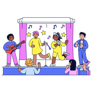 A stage set up for a school talent show, featuring a colorful backdrop with musical notes and stars. Several children are presented performing different talents. One child is playing a shiny red acoustic guitar, another is dancing energetically in a bright yellow outfit. A third child is reciting a poem at a microphone, while a fourth is showcasing a dramatic magic trick with a deck of cards. The audience is visible, showing engagement and excitement, with parents and classmates clapping and cheering.