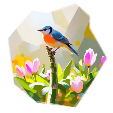 A curious bird with vibrant feathers, primarily in shades of blue and green, is perched on a tall asparagus stalk in a lush garden. The bird has a slight tilt of its head, suggesting its inquisitive nature. Surrounding the asparagus are various green plants and colorful flowers, adding diversity to the garden scene. Sunlight filters through the leaves, casting soft shadows and highlighting the details of the bird's plumage. The background features blurred foliage, creating a sense of depth in the garden environment.