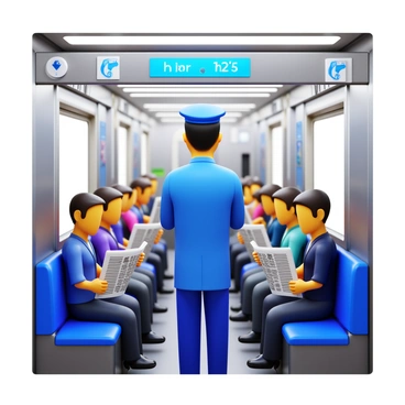 A subway conductor in a blue uniform stands in front of an intercom inside a subway train. The conductor has short black hair and is wearing a cap. The intercom is mounted on the wall, and the conductor is speaking into it, with a focused expression. Passengers can be seen sitting in the train seats, some reading newspapers while others look up at the conductor. The interior of the subway train features metallic accents and bright lighting. Signs displaying train information are visible above the seats.