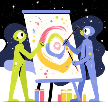 Two alien artists are actively painting on a large canvas. The canvas features vibrant, swirling colors depicting "spiral galaxies" and intricate "cosmic patterns." One alien has green skin and large expressive eyes, while the other has blue skin with glowing orange spots. They are using oversized brushes, one with a long handle and the other short, to blend colors. Surrounding them are splatters of paint and tubes of various bright colors, with a backdrop of a starry space filled with distant stars and nebulae.