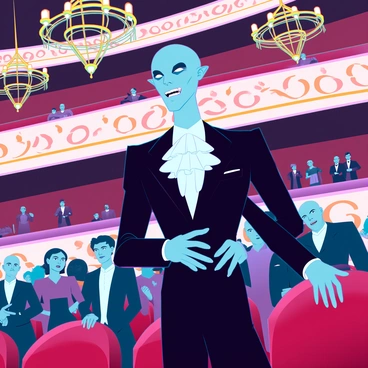 A tall, gaunt figure resembling Nosferatu with elongated features, sharp teeth, and a bald head. He is dressed in an elegant vintage tailcoat and a ruffled white shirt, blending into a crowd of well-dressed opera-goers. The opera house is adorned with grand chandeliers, golden accents, and plush red velvet seating. Attendees are surrounded by ornate decorations and colorful costumes, with some looking curiously at the figure while others remain oblivious. The ambiance is filled with a sense of opulence and intrigue.