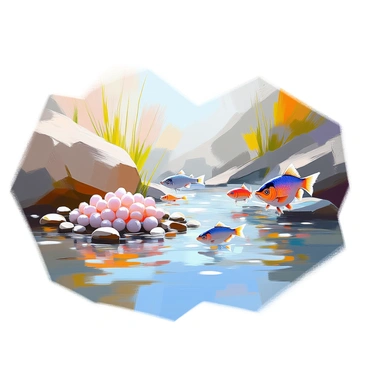 An illustration depicting the life stages of a fish in a flowing river. The scene begins with a cluster of "tiny fish eggs" nestled among pebbles at the riverbed, surrounded by gentle currents. Next, there are "larval fish" emerging from the eggs, with their bodies still translucent and vulnerable, drifting with the water. Following the larvae, there are "juvenile fish" swimming in schools, showcasing their developing colors and patterns as they navigate the river's currents. Finally, the scene culminates in the presence of "adult fish" swimming gracefully in the deeper waters, displaying vibrant scales and fins. The flowing river is illustrated with various shades of blue and green, with ripples and reflections adding depth to the composition.