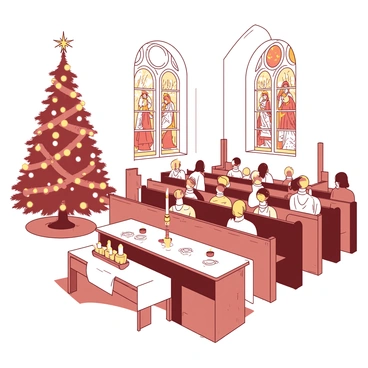 A warm white church interior is filled with soft candlelight from numerous candles placed on wooden pews. A large, beautifully decorated Christmas tree stands in the corner, adorned with shimmering ornaments. The warm glow of the candles illuminates the faces of people gathered in the pews, some holding hymn books. The altar is adorned with a white tablecloth and a few candles, adding to the serene atmosphere. The windows showcase intricate stained glass, casting colorful reflections on the wooden floor.