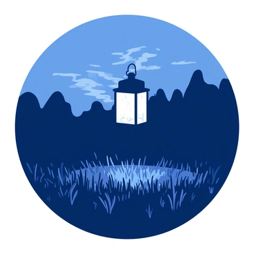 A glowing lantern is floating above the ground, casting a warm light in a dark field. Ethereal wisps of pale white and soft blue mist swirl gently around the lantern, creating a mystical atmosphere. The field is dotted with tall grass that sways slightly in an unseen breeze, adding a sense of movement to the scene. In the distance, there are faint outlines of shadowy trees, enhancing the feeling of isolation in the vast darkness surrounding the lantern.