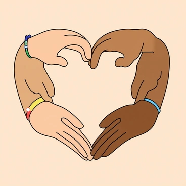 Multiple hands of various skin tones, including light, medium, and dark shades, are arranged in a heart shape. Each hand is positioned with fingers slightly curved, creating a smooth outline of the heart. The hands are diverse in size and style, with some wearing colorful bracelets and rings. The background is a soft pastel color, enhancing the warm, inclusive feel of the scene.