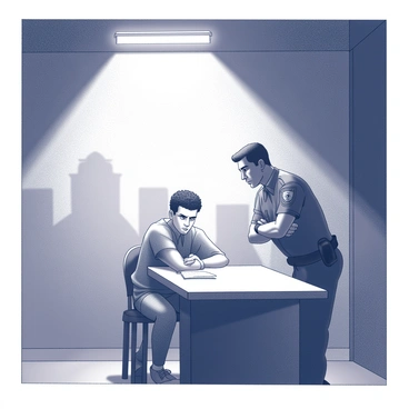 A dimly lit room with shadows creeping along the walls. In the center, a suspect is seated at a table, illuminated by a stark spotlight, casting dramatic shadows on their face. The suspect has a tense expression, eyes wide with anxiety. An officer stands close, leaning over the table in an intimidating posture, arms crossed. The officer has a stern look, creating an air of authority. The background features indistinct shapes that suggest a bare, austere environment, enhancing the feeling of pressure in the scene.