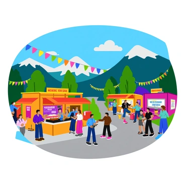 A lively street festival in Telluride with colorful food stalls displaying a variety of delicious cuisines. Each food stall features bright banners and signs, enticing festival-goers. Musicians are performing on a small stage, surrounded by dancing people enjoying the upbeat atmosphere. Various craft booths are set up nearby, showcasing handmade items such as jewelry and artwork. Colorful decorations, balloons, and string lights adorn the street, creating a festive vibe. The sky is clear blue, adding to the cheerful ambiance of the event.