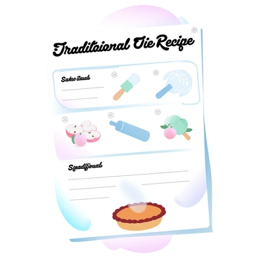 A printed recipe page is displayed, featuring a neatly organized layout with illustrated steps for making a traditional pie. The page includes a title at the top that says "Traditional Pie Recipe" in decorative font. Each step of the recipe is accompanied by colorful illustrations showing the ingredients being prepared, such as fresh apples being sliced and a rolling pin flattening dough. A small image of a golden-brown pie sits at the bottom, steam gently rising from its surface. The background of the page is in soft gradient pastel colors that enhance the overall presentation.