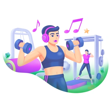 An individual with a focused expression, wearing athletic clothing, is performing bicep curls with dumbbells in each hand. The background depicts a lively atmosphere, filled with various workout equipment and colorful gym mats. Music notes are illustrated around the individual to suggest that they are listening to music. Bright, vibrant colors enhance the energy of the scene, while a few gym-goers are training in the background, adding to the dynamic environment.