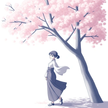 A character with distinct features and a confident posture stands beneath a canopy of cherry blossom trees. The character has sharp, defined facial features and wears traditional clothing that flows gently in the breeze. Pink blossoms are scattered throughout the branches, creating a picturesque scene. Sunlight filters through the leaves, casting dappled shadows on the ground. The character appears relaxed, with a slight smile, enjoying the tranquility of a spring day among the blooming trees.