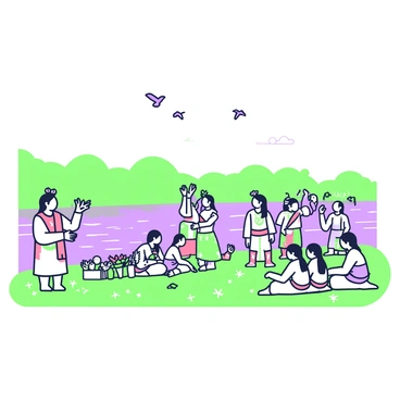 A riverbank scene during a traditional ceremony. In the foreground, a group of locals is gathered, each wearing colorful ceremonial attire, adorned with intricate patterns and accessories. Some individuals are standing with their hands raised, while others are seated on the grass, attentively watching the events. A small altar is set up beside the water, decorated with flowers and offerings. The river flows gently in the background, with lush greenery lining the opposite bank. A few birds can be seen flying in the sky above, adding to the vibrant atmosphere of the ceremony.