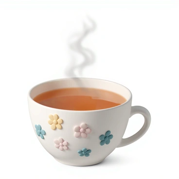 A close-up of a steaming cup of tea with delicate floral patterns on the cup.