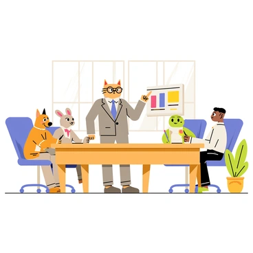 A business cat with a gray suit and glasses stands confidently at the head of a wooden conference table. The cat points to a colorful presentation displayed on a screen behind it. Around the table, various animal characters, including a dog, a rabbit, and a turtle, are seated with notepads and pens. Each animal has a focused expression, contributing to a productive atmosphere. The room has large windows allowing light to stream in, with a potted plant in the corner adding a touch of greenery.