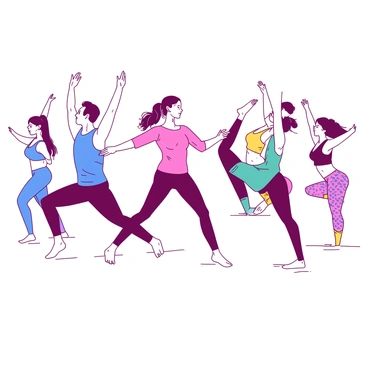 A group of individuals is engaged in an aerobics session, each participant wearing vibrant leotards and leggings in various patterns. In the center of the scene, a woman in a pink leotard is leading the group with energetic poses, while others follow her movements. To her left, a man in a blue leotard is executing a jump, showcasing agility. On the right, a person in a yellow and teal patterned legging is stretching with arms raised. The atmosphere is lively, with participants displaying enthusiasm and coordination as they follow the routine together.