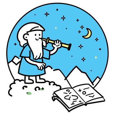 A dwarf astronomer, with a long white beard and wearing a blue tunic, is positioned on a rocky mountain peak. He is intently gazing at the night sky through an antique brass telescope. The sky is filled with twinkling stars and a bright crescent moon. Next to him, an open leather-bound book filled with celestial diagrams lies on the ground. The mountain terrain is rugged, with patches of grass and scattered stones. In the distance, other mountain peaks are silhouetted against the starry backdrop.