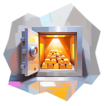 An open bank vault with metallic walls, revealing numerous stacks of gold bars neatly arranged inside. The gold bars glimmer under the bright overhead lights, casting reflections and shadows on the smooth surface of the vault. The vault door is wide open, displaying intricate locking mechanisms and bolts. The floor of the vault is a polished gray, enhancing the gleam of the gold. In the background, there are hints of security features like cameras and reinforced structures, emphasizing the significance of the vault's contents.