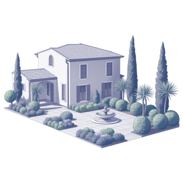 A stone villa with an elegant architectural design features a tiled roof and large arched windows. The villa is surrounded by a variety of lush Mediterranean plants, including tall palm trees and vibrant shrubs. Pathways made of stone lead through the gardens, with neatly arranged flower beds filled with greenery. A decorative fountain sits in the center of the garden, adding to the serene atmosphere. The overall scene reflects a peaceful and well-maintained outdoor space.