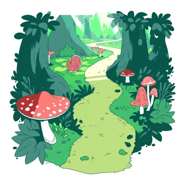A winding pathway is meandering through a dense forest. The ground is covered with rich green moss, and on either side of the path, there are mushrooms of all sizes, creating a vibrant display. Some mushrooms are small and delicate, while others are large and towering, each showcasing unique colors and shapes. Sunlight filters through the leaves above, casting gentle shadows on the pathway. Ferns and other underbrush surround the mushrooms, adding to the lushness of the scene.