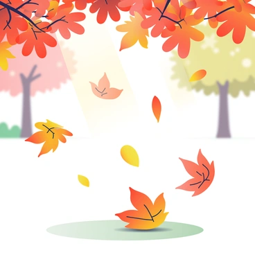 A close-up view of falling autumn leaves in shades of red, orange, and yellow. The leaves are depicted at various angles, some gracefully spiraling downward, while others are resting on a soft, grassy surface. Each leaf displays intricate veins and textures, showcasing their unique shapes. Sunlight filters through the branches above, casting gentle shadows on the ground. In the background, a few blurred trees maintain their colorful foliage, enhancing the autumn atmosphere.