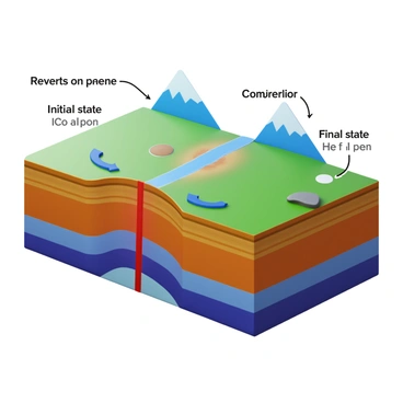 A detailed diagram illustrating the stages of movement in a reverse dip-slip fault. The diagram shows the earth's crust divided by a fault line, with one block being pushed upward relative to the other. It includes arrows indicating the direction of movement, labeled stages such as "Initial state," "Compression phase," and "Final state." The surrounding geological features, such as layers of sedimentary rock and a mountain range in the background, are clearly depicted. The fault line is emphasized with a bold outline, and color-coding is used to differentiate between the two blocks of the crust.