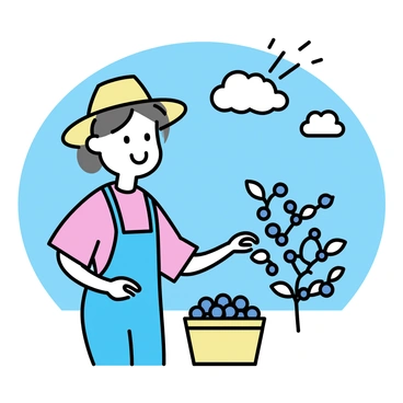 A farmer, wearing a straw hat and blue overalls, is smiling while picking ripe blueberries from a bush. The bush is filled with clusters of plump, dark blue berries. The background features a clear blue sky with a few fluffy white clouds, and rays of sunlight are shining down on the scene. The farmer has a basket beside him filled with freshly harvested blueberries.