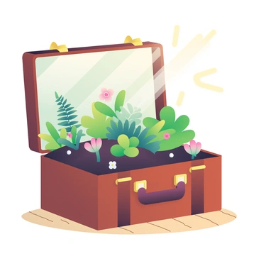 A vintage brown suitcase is opened, revealing a small garden inside. Various green plants, such as ferns and succulents, are sprouting out of the suitcase, their leaves vibrant and lush. Tiny flowers in shades of pink and white are also blooming among the greenery. The suitcase is placed on a wooden surface, and the interior is filled with rich, dark soil that contrasts with the suitcase's leather exterior. Sunlight filters softly onto the scene, illuminating the plants and creating a fresh, lively atmosphere.