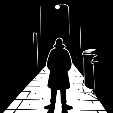 A shadowy figure standing in a dimly lit alleyway, with their silhouette partially obscured by the darkness. The cobblestone ground is wet, reflecting faint light from a distant streetlamp. Trash bins are lined against the walls, and scattered debris is visible on the ground. The figure wears a long coat that billows slightly in the cold breeze, with their hands tucked into the pockets. A sense of tension hangs in the air as the alley stretches into the darkness behind them. 