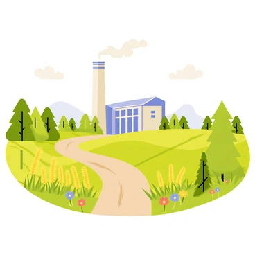 A biomass power plant with a tall chimney emitting white smoke, situated in the center of the image. Surrounding the power plant are vast fields of green crops, with rows of golden corn swaying gently in the breeze. To one side, there are clusters of trees forming a dense forest, their leaves a vibrant shade of green. In the foreground, a dirt path leads toward the power plant, flanked by colorful wildflowers. The sky is clear with a few fluffy white clouds scattered above.