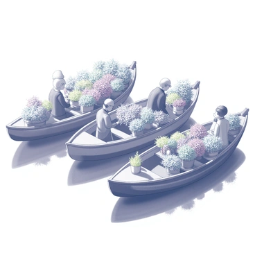 Several boats are moored together, each filled with an abundance of blooming flowers. The boats are made of wood, with polished surfaces, and have vibrant arrangements of various flower types, showcasing their unique shapes and sizes. The flowers are placed in baskets and buckets, creating a lively, colorful atmosphere. Surrounding the boats are reflections on the water’s surface, capturing the scene's details. People are interacting and browsing the floral offerings, adding to the bustling market atmosphere. The setting conveys a sense of activity and community.