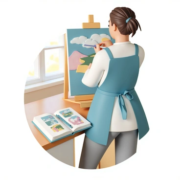 A woman, wearing a blue apron over a white blouse and gray jeans, is standing in front of an easel. She is focused on painting a landscape with vibrant colors. Next to her, on a wooden table, lies an open book with illustrated pages that are clearly visible, showcasing various artistic techniques. The woman has long brown hair tied back in a loose bun, and her paintbrush is poised above the canvas, capturing her inspiration. Sunlight filters through a nearby window, illuminating the scene and adding warmth to the atmosphere.