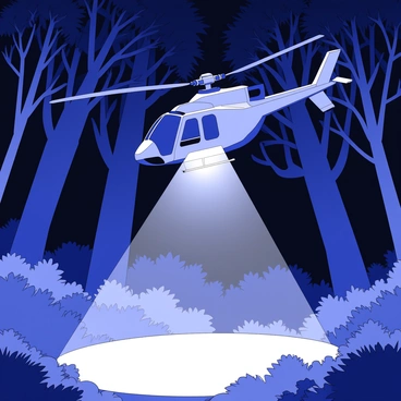 An R66 helicopter is hovering above a dark forest at night. The helicopter has a streamlined fuselage and a visible rotor system rotating rapidly. A powerful searchlight is mounted beneath the nose of the helicopter, casting a bright beam of light downwards into the dense canopy of trees. The trees are tall and varied, with intricate branches and leaves creating a thick silhouette against the night sky. Shadows dance as the light moves across the forest floor, revealing patches of underbrush and foliage. The atmosphere is dynamic, capturing the intensity of the search operation.