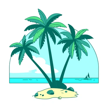 A teal tropical island is dotted with tall palm trees swaying gently in a warm breeze. The palm trees have lush green fronds that create a vibrant contrast against the clear blue sky. The sandy beach is visible beneath the palm trees, with a few scattered seashells and small rocks. In the background, the calm ocean reflects the colors of the sky, creating a peaceful coastal scene.