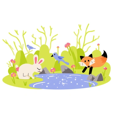 A group of whimsical forest creatures is gathered around a shimmering pond. The scene includes a small, furry rabbit with oversized ears, a bright bluebird perched on a nearby rock, and a playful fox with a bushy tail. The pond is surrounded by lush green grass and colorful wildflowers. The water reflects the sunlight, creating sparkles on the surface. Trees with twisting branches provide a backdrop, and there are hints of mushrooms scattered around the forest floor. Each creature interacts with the pond, with the rabbit peering curiously into the water while the fox playfully splashes.