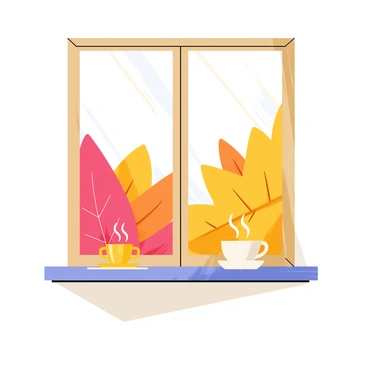 A window with a wooden frame showing a view of vibrant, colorful leaves in various shades of red, orange, and yellow outside. On the window sill, there is a steaming cup of tea sitting, with wisps of steam rising gently from it. The sunlight filters through the glass, casting soft shadows on the sill.