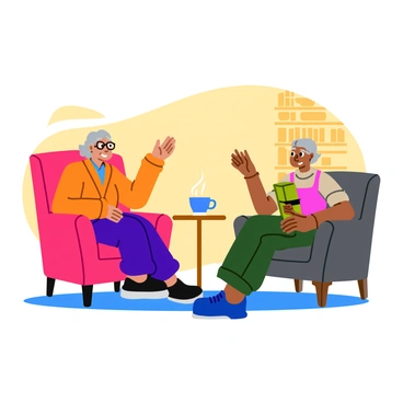 An elderly person with gray hair and glasses sits in a comfortable armchair, wearing a cozy knitted sweater. A young adult with short hair and a casual outfit occupies a nearby chair, leaning slightly forward. Both individuals have engaged expressions, indicating they are sharing a meaningful conversation. The room is warmly lit, with a soft rug underneath them and shelves filled with books in the background. A small table with a steaming cup of tea sits between them, enhancing the atmosphere of connection and understanding.