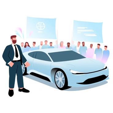 A man in a formal suit is standing next to a sleek, modern car at an auto show. The car has a shiny, polished exterior with a unique design showcasing its latest features. A crowd of spectators is gathered around, looking at the car with interest. Behind them, large banners display the logo of the car brand and information about the new model. Bright lights illuminate the area, highlighting the car's contours. The atmosphere is filled with excitement and anticipation for the car's unveiling.