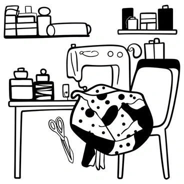A needle with a thread attached is piercing through a colorful patchwork quilt, creating a detailed stitching pattern. The quilt features various geometric shapes and motifs in black and white. Surrounding the quilt are spools of thread and a pair of scissors placed on a wooden table. In the background, there are shelves filled with fabric rolls stacked neatly. A soft light source illuminates the room, casting gentle shadows on the sewing tools. A chair with a fabric cover is positioned beside the table, inviting one to sit and sew.