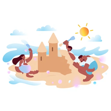 A group of three friends is building a large sandcastle on a sunny beach. One friend is sitting with a bucket, pouring sand while another is shaping the towers of the sandcastle with a small spade. The third friend is standing beside them, holding a handful of seashells to decorate the sandcastle. To the side, gentle waves are crashing against the shore, and the sun is shining brightly overhead. The sky is clear with a few fluffy clouds scattered. 