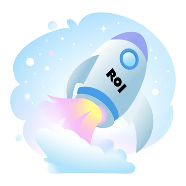 A rocket labeled "ROI" is positioned on a launch pad, with flames and smoke billowing from its engines as it takes off. The rocket has a sleek design and is painted in vibrant colors. The backdrop features a vast starry sky filled with numerous shining stars and a few distant galaxies, creating a sense of deep space. The scene captures the moment of launch, with scattered clouds illuminated by the rocket's fiery exhaust.
