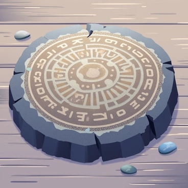 An ancient-looking token made of stone is placed on a dark wooden surface. The token has a rugged, chipped texture, revealing layers of grey and brown stone underneath. Intricate engravings cover its surface, depicting symbols that seem to tell an unknown story. The token is slightly illuminated, casting soft shadows that highlight its age and the details of the engravings. A few small pebbles are scattered around the token, enhancing the natural and archeological feel of the scene.